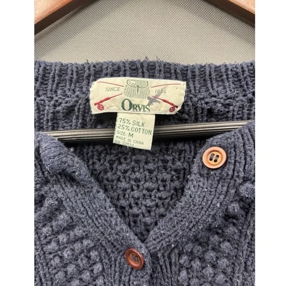 Orvis Cardigan Sweater Womens Navy Blue Silk Cotton Cable Knit Pockets M - Picture 8 of 8